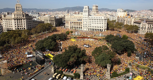 Thousands attend a gathering at the Catalonia Square in Barcelona, Spain, Oct. 19, 2014.
