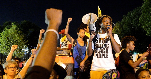 A Black Lives Matter protester addresses fellow protesters near the site of Democratic National Convention in Philadelphia, Pennsylvania, U.S., July 26, 2016.