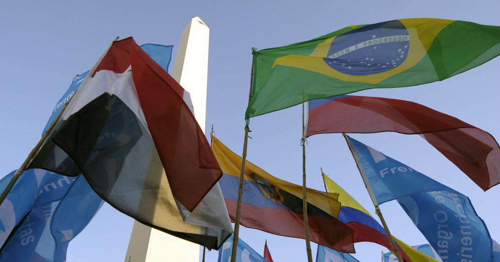 The flags of Mercosur fluttering in Montevideo, Uruguay