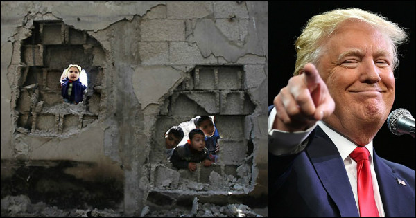 Palestinian children peer through holes in a wall in Jabaliya, Gaza Strip, created by Israeli shelling.