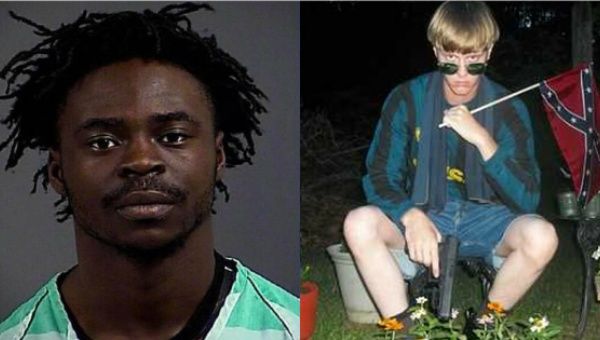 Dwayne Stafford (left) escaped from his cell and punched Dylann Roof (right), photographed holding a pistol and Confederate flag.