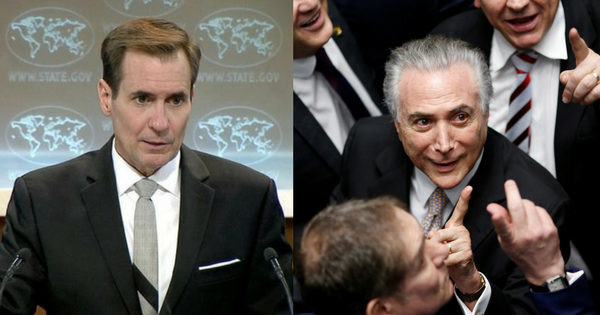 U.S. State Department spokesperson John Kirby (L) and Brazil's unelected president, Michel Temer