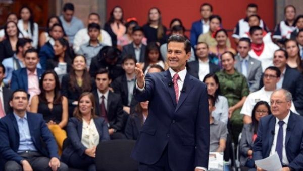 Mexican President Enrique Peña Nieto speaking at an question-and-answer forum at his ceremonial palace in downtown Mexico City.