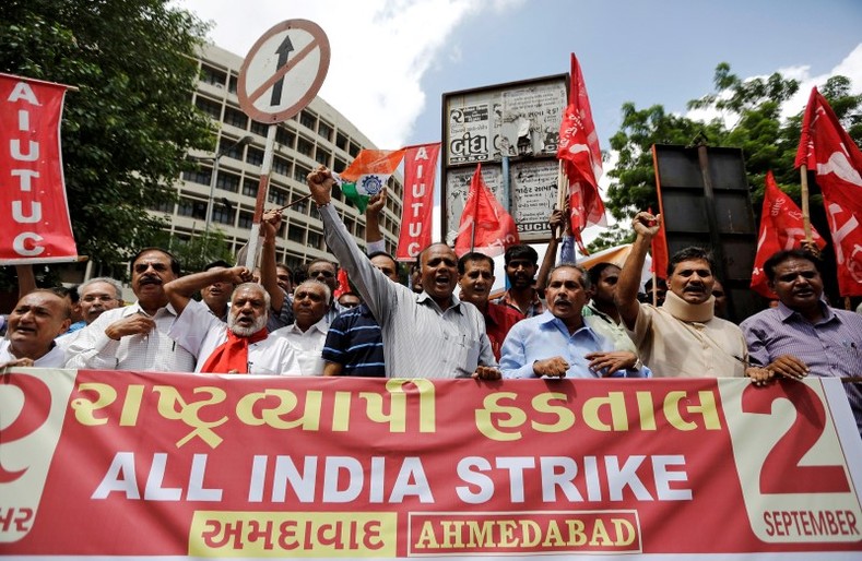 Workers from various trade unions shout slogans during a protest rally, as part of a nationwide strike, in Ahmedabad, India September 2, 2016. 