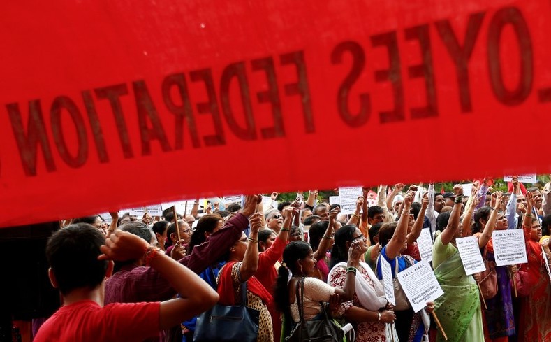 Workers from various trade unions shout slogans during an anti-government protest rally, organised as part of a nationwide strike, in Mumbai, India September 2, 2016. 