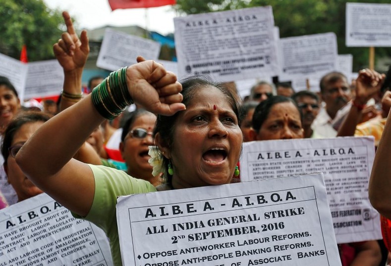 Members of bank employees union shout slogans during an anti-government protest rally, organised as part of a nationwide strike, in Mumbai, India September 2, 2016. 