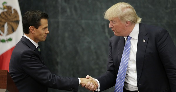 Republican presidential nominee Donald Trump and Mexico's President Enrique Pena Nieto shake hands at a press conference at the Los Pinos residence in Mexico City, Aug. 31, 2016.