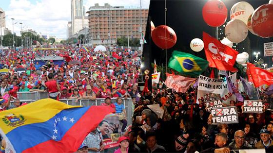 Supporters of Venezuela's government rally (L) while opponents of the coup in Brazil do the same (R).