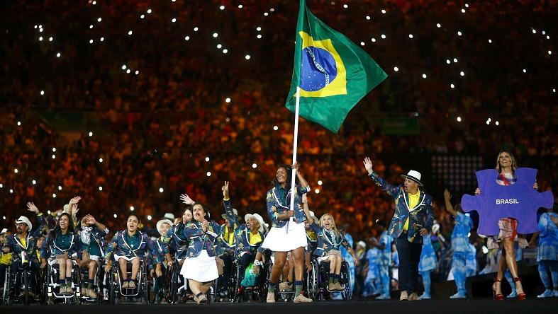 Athletes from Brazil take part in the opening ceremony.