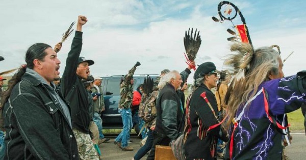Protesters demonstrate against the Energy Transfer Partner's Dakota Access oil pipeline in Cannon Ball, North Dakota, on September 9, 2016.