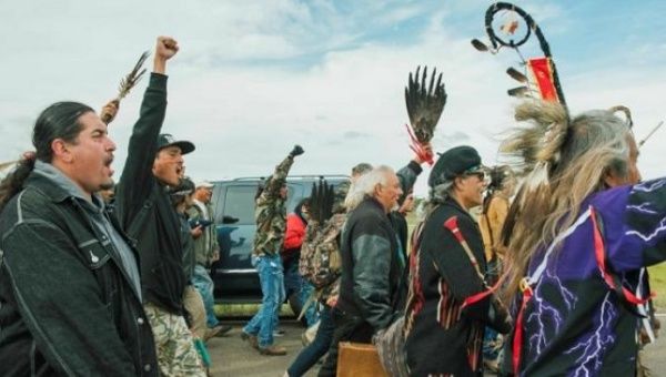 Protesters demonstrate against the Energy Transfer Partner's Dakota Access oil pipeline in Cannon Ball, North Dakota, on September 9, 2016.