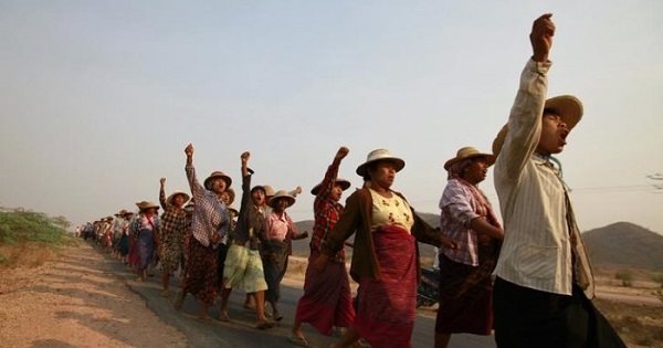 Villagers protest after their land was seized to allow for the expansion of a copper mine in Sagaing Division, March 13, 2013.