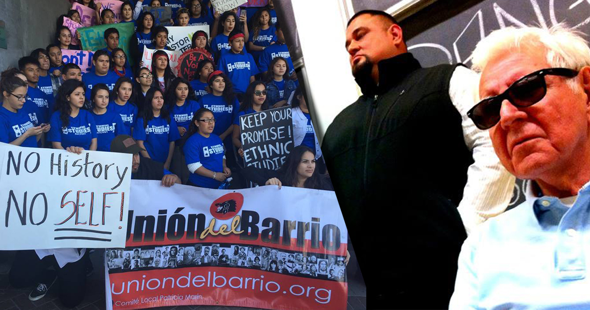 California students demand ethnic inclusion in schools (left) and Sean Arce stands with Rudy Acuña, Ph.D