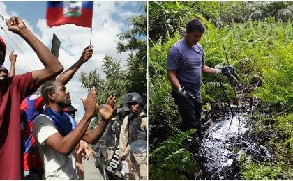 Demonstrators shout anti-government slogans in Port-au-Prince (L), while a man wades through the oil-contaminated area in Ecuador's Amazon region (R).