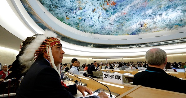 Dave Archambault II, head of the Standing Rock Sioux nation waits to speak at the Human Rights Council at the U.N. in Geneva, Switzerland, Sept. 20, 2016.