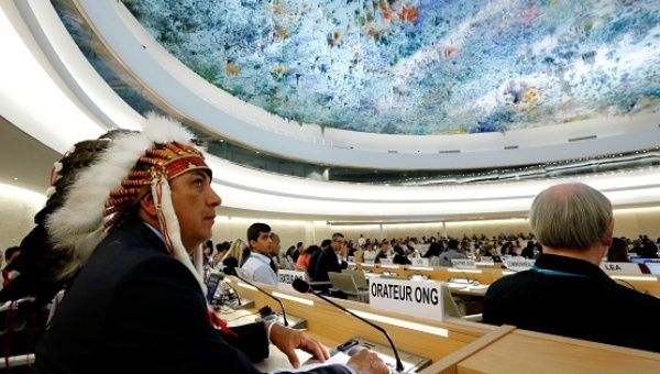 Dave Archambault II, head of the Standing Rock Sioux nation waits to speak at the Human Rights Council at the U.N. in Geneva, Switzerland, Sept. 20, 2016.