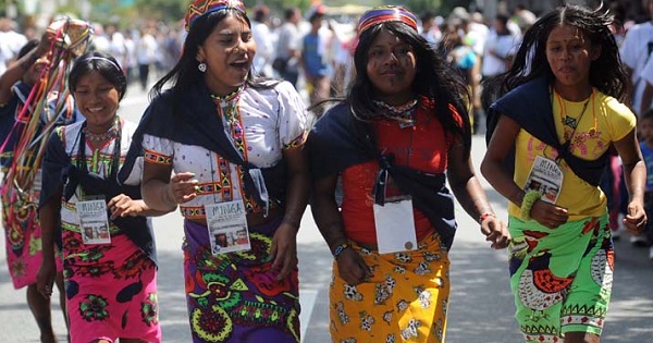 Members of Indigenous communities of the Antioquia department in Colombia participate in a peaceful march in Medellin, Aug. 11, 2011.