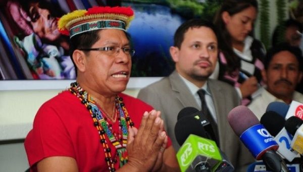 Humberto Piaguaje, representative of Ecuadorean people affected by Chevron during a press conference in Quito, Nov. 13, 2013