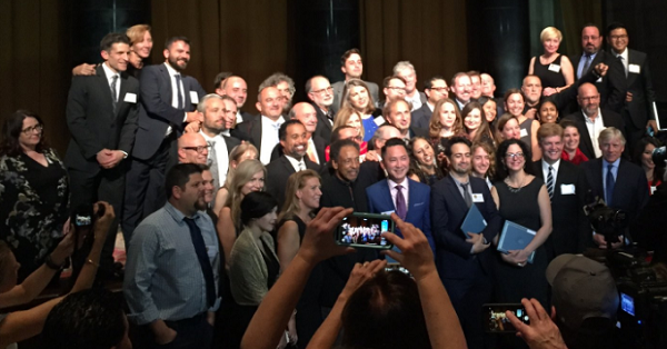 The 2016 Pulitzer Prize winners pose as they accept their awards at Columbia University.