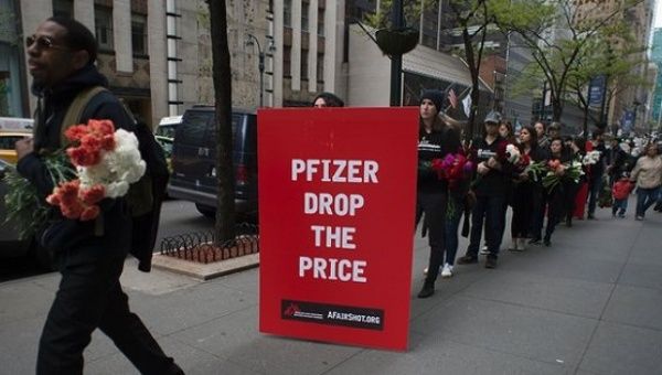  Médicines Sans Frontières protesters take a petition to Pfizers, New York, on 27 April, demanding cheaper pneumonia vaccines.