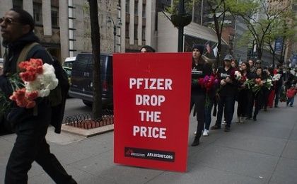  Médicines Sans Frontières protesters take a petition to Pfizers, New York, on 27 April, demanding cheaper pneumonia vaccines.