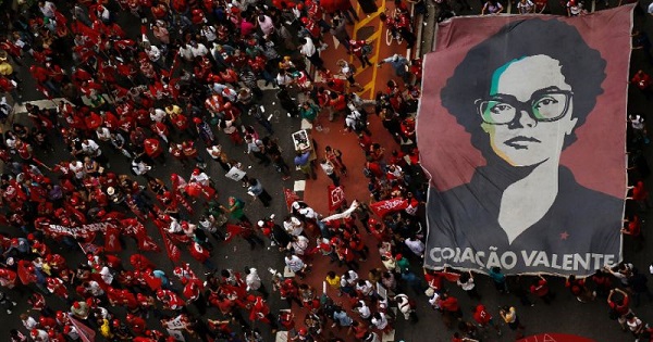 Members of labour unions protest during the National Day of Mobilization against the impeachment of Brazilian President Dilma Rousseff and budget cuts proposed by the government, at Paulista Avenue, in Sao Paulo, Brazil.