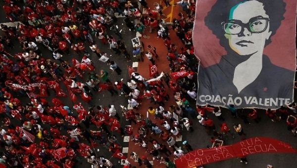 Members of labor unions protest during the National Day of Mobilization against the impeachment of Brazilian President Dilma Rousseff in Sao Paulo, Brazil.