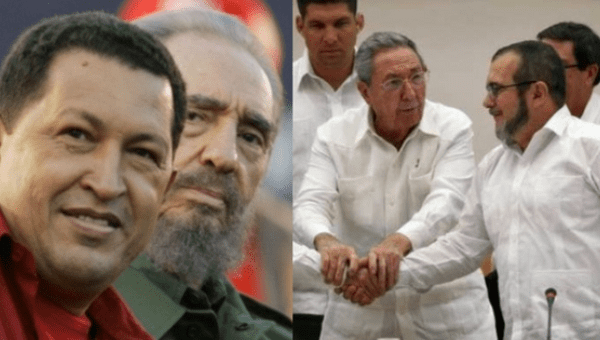 Former Venezuelan President Hugo Chavez was honored Saturday by FARC leader Timochenko (far right). Both Venezuela and Cuba played roles helping Colombia reach this peace deal.
