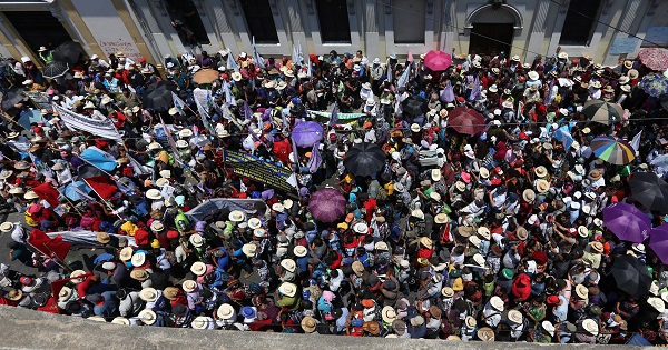 Indigenous and campesino protesters flood the streets in Guatemala city at the end of the 11-day March for Water on April 22, 2016.