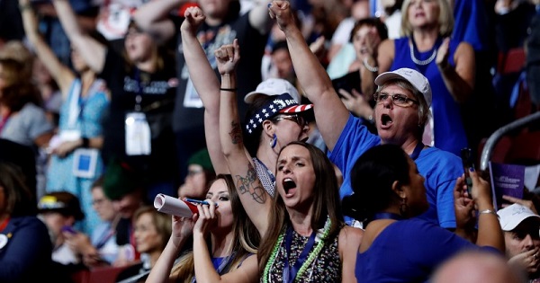 Bernie Sanders supporters chant his name as they protest on the floor during the first day of the DNC in Philadelphia, July 25, 2016.