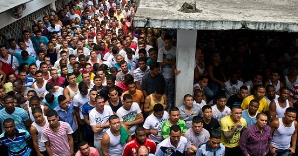 Prisoners stand in the courtyard in the Villahermosa jail in Cali, Colombia, where prisons are notoriously overcrowded.