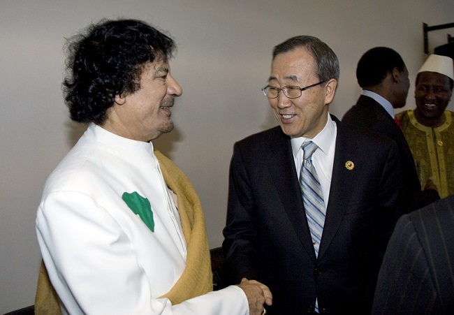 Jan 2008: U.N. Secretary-General Ban Ki-moon (R) shakes hands with Libyan President Moammar Gadhafi.
