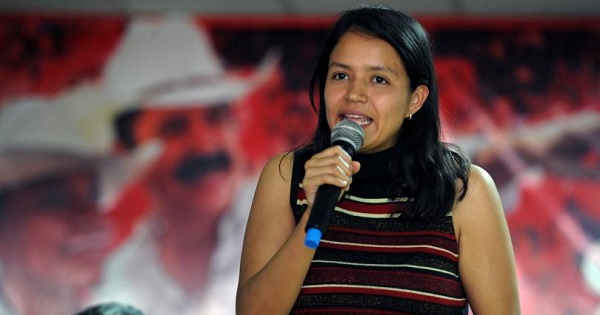 Olivia Zuniga Caceres, daughter of murdered Indigenous activist leader Berta Caceres, calls for justice during a meeting in Tegucigalpa, March 15, 2016.