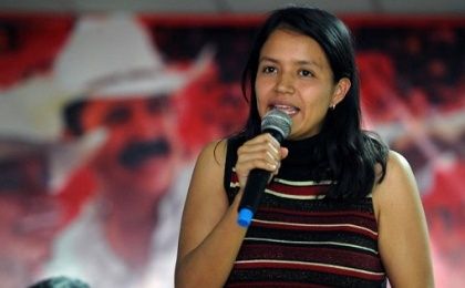 Olivia Zuniga Caceres, daughter of murdered Indigenous activist leader Berta Caceres, calls for justice during a meeting in Tegucigalpa, March 15, 2016. 