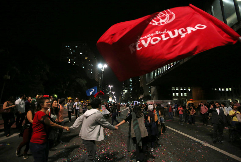 Demonstrators protest calling against Brazil's President Dilma Rousseff's impeachment in Sao Paulo, Brazil, May 9, 2016. 