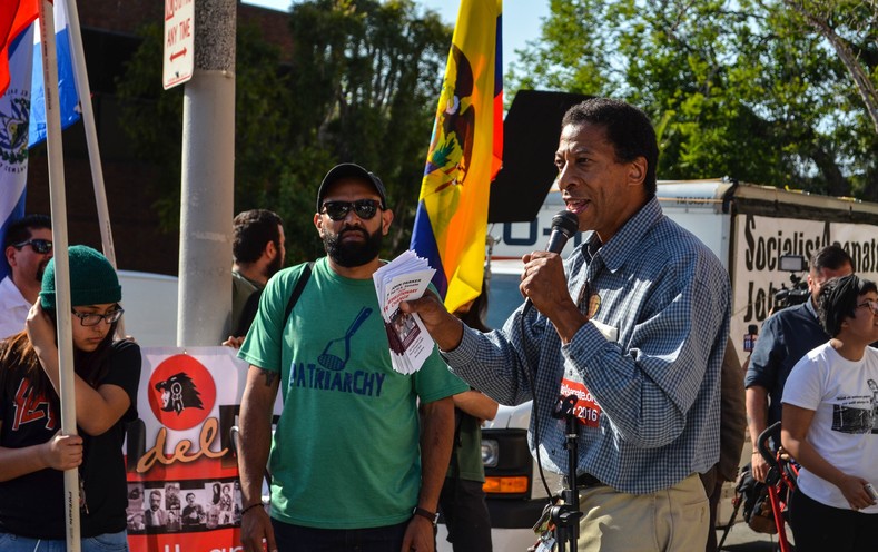 John Parker, Workers World Party candidate for U.S. Senate, addresses protesters on May 23, 2016.