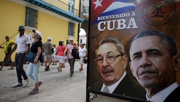 Cuban President Raul Castro displayed on a poster alongside U.S. President Barack Obama.
