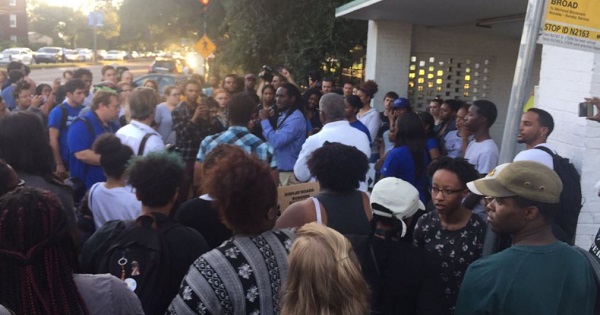 Student protester speaks ahead of the debate at the Dillard University where a former KKK leader was due to speak.