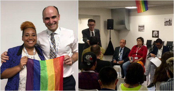 Left: Blain pictured with Minister Duclos. Right: Tuesday's panel on LGBTI inclusion at the UN.