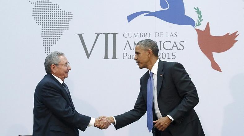 U.S. president Obama shakes hands with Cuba's President Raul Castro as they hold a bilateral meeting during the Summit of the Americas April 11, 2015.