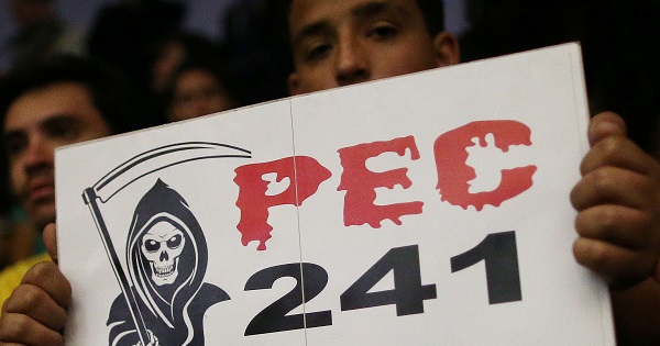 A student protessts against the constitutional amendment PEC 241, that would reduce public spending in education, during a session of the National Congress in Brasilia, Brazil October 25, 2016