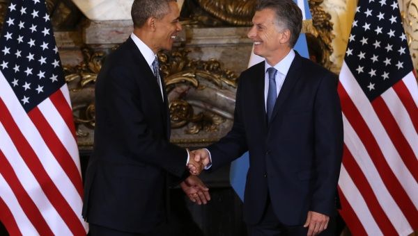 U.S. President Barack Obama meets with Argentina President Mauricio Macri during his March 2016 visit.