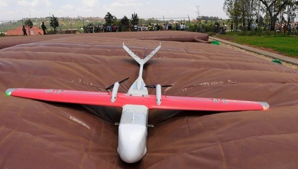 A drone is seen at the operation base in Muhanga, Rwanda where Zipline, a California-based robotics company delivered their first blood to patients using a drone.