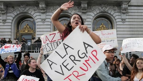 Siria Gonzalez, 18, of Mission High School, protests following the election of Republican Donald Trump as president in San Francisco, California.