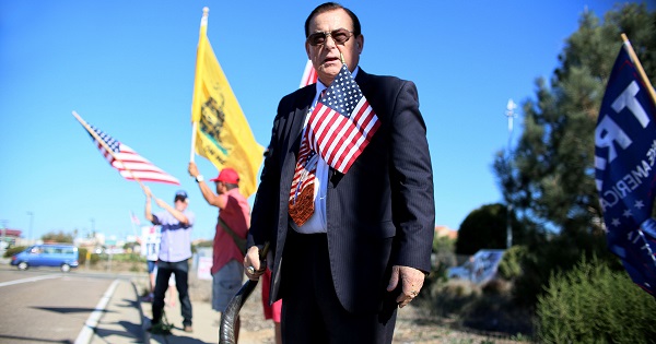 Demonstrator Wiley Drake at a rally in support of President elect Donald Trump outside of Camp Pendleton in Oceanside, California.
