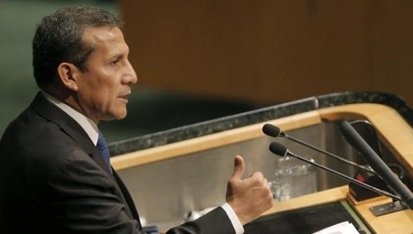 Former Peruvian President Ollanta Humala delivers remarks at the United Nations Headquarters in Manhattan, New York, U.S., April 22, 2016.