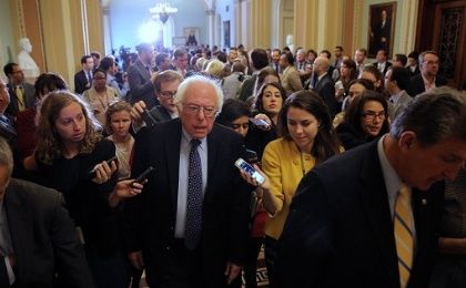 U.S. Senator Bernie Sanders leaves after attending the Senate Democrat party leadership elections at the U.S. Capitol in Washington, U.S. Nov. 16, 2016. 