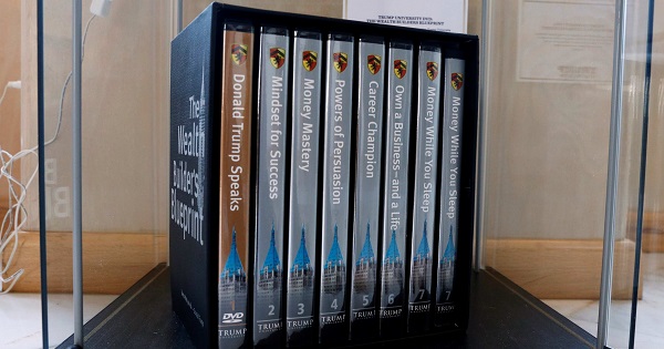 Trump University DVDs are displayed at The Trump Museum near the Republican National Convention in Cleveland, Ohio, U.S., July 19, 2016.