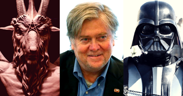 Donald Trump's top strategist Steve Bannon (C) hailed Satan (L), Darth Vader (R) and Dick Cheney as standard bearers of power.