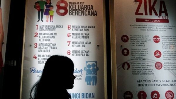 A woman stands near a poster explaining about the Zika virus at the Ministry of Health office in Jakarta, Indonesia Sept. 2, 2016. 